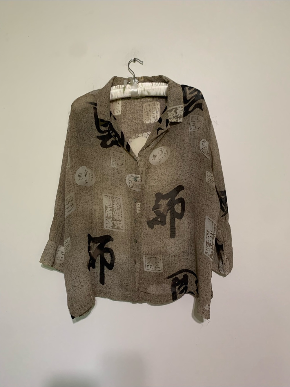 Chico's Printed Silk Blouse in Taupe and Black Chico’s Size 3